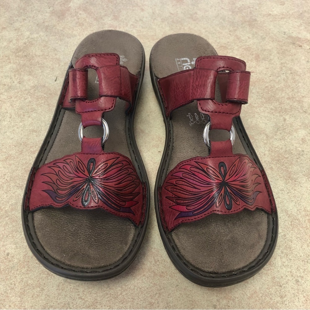 Rieker Antistress Sandals W/Velcro Strap Tooled Leather Design Size 38 (7.5 US)